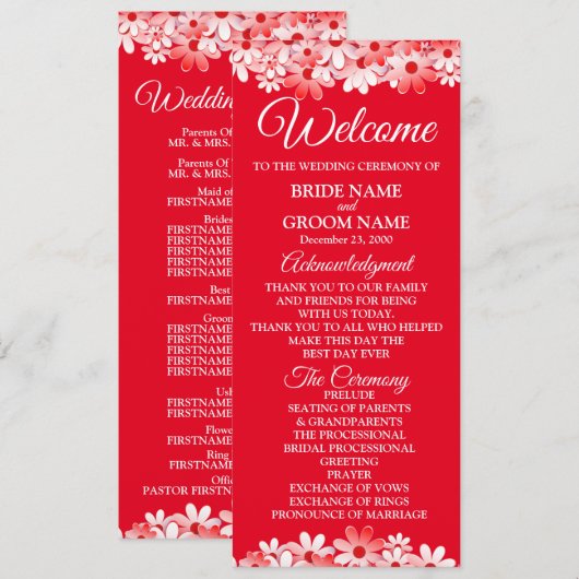 Elegant Red White Floral Wedding Programma (Voorkant / Achterkant)