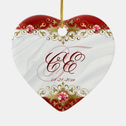 Elegant Red White Gold Monogram Weddenschap Keramisch Ornament (Achterkant)