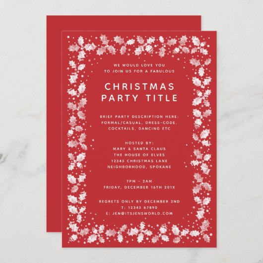 Elegant Red + White Holly Leaves Kerstfeest Kaart (Voorkant / Achterkant)