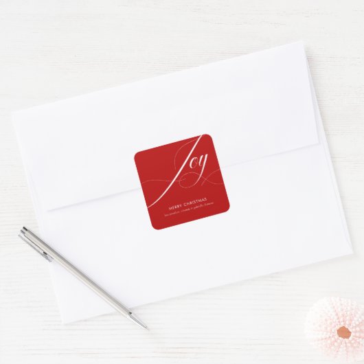 Elegant Red White Joy Script Vierkante Sticker (Envelop)