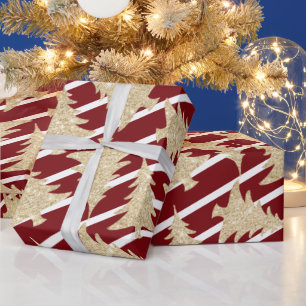 Elegant Red White Stripe Gold-kerstboom  Cadeaupapier