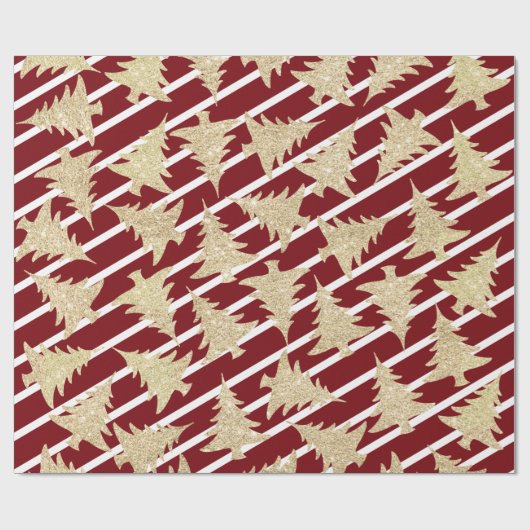 Elegant Red White Stripe Gold-kerstboom Cadeaupapier (Vlak)