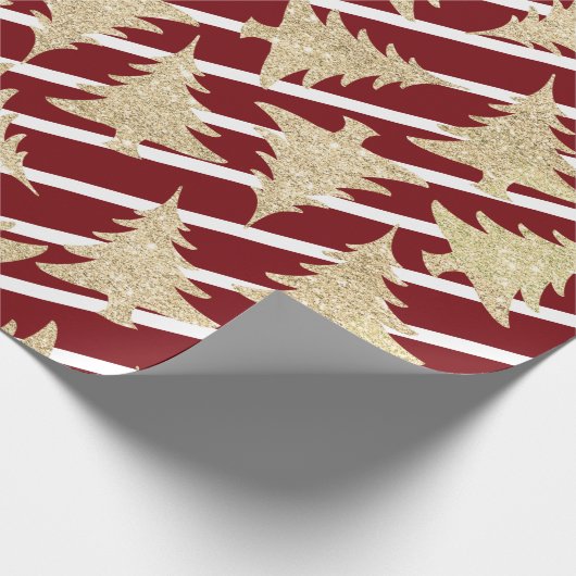 Elegant Red White Stripe Gold-kerstboom  Cadeaupapier (Hoek)