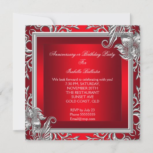 Elegant Regal Red Silver Floral Party Kaart (Achterkant)