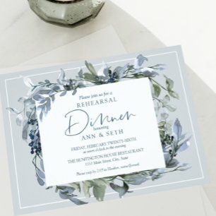 Elegant Rehearsal Dinner Blue Floral Wreater Kaart