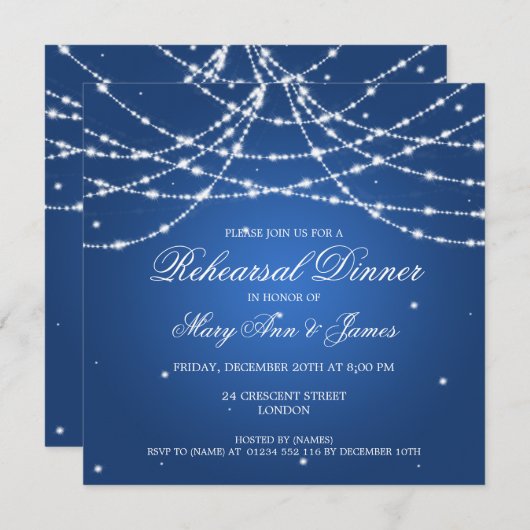 Elegant Rehearsal Dinner Sparking String Blue Kaart (Voorkant / Achterkant)