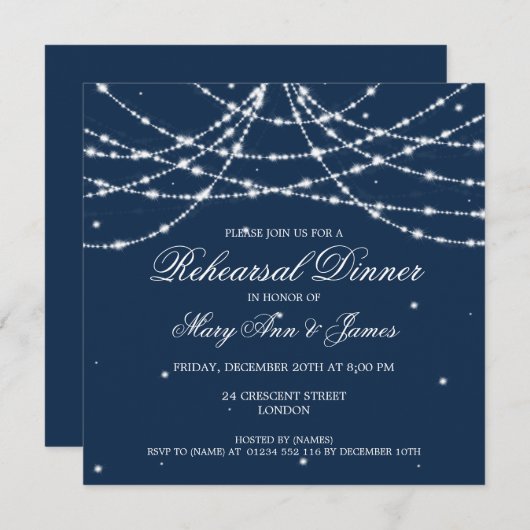 Elegant Rehearsal Dinner Sparking String Navy Kaart (Voorkant / Achterkant)