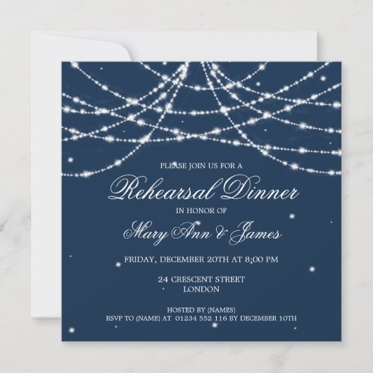 Elegant Rehearsal Dinner Sparking String Navy Kaart (Voorkant)