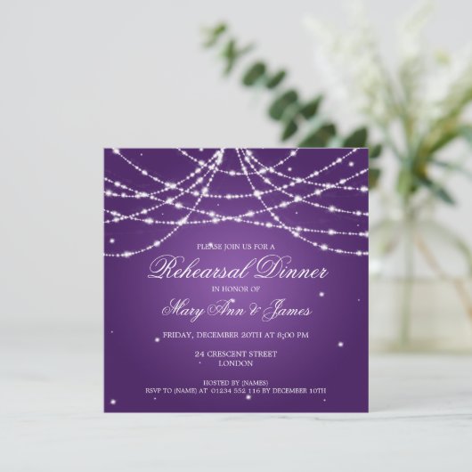 Elegant Rehearsal Dinner Sparking String Paars Kaart (Staand voorkant)