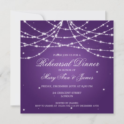 Elegant Rehearsal Dinner Sparking String Paars Kaart (Voorkant)