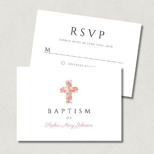 Elegant Religieus Bloemen Roze Kruis Meisje Doop RSVP Kaartje