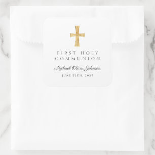 Elegant Religieus Kruis Jongen Eerste Communie Vierkante Sticker