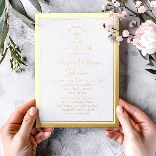 Elegant Religieus Kruisschrift Doop Goud Folie Uitnodiging