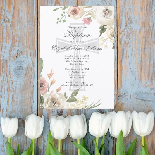 Elegant Religieuze Baptism Ceremony Pink Floral Kaart