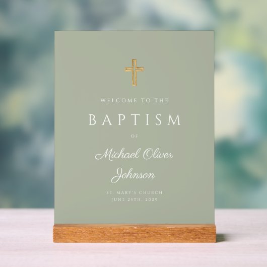 Elegant Religieuze Sage Green Boy Baptism Welkom Acryl Bord (Neutraal)