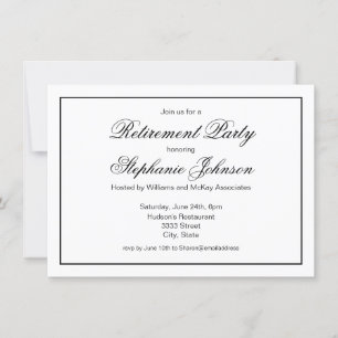 Elegant Retirement Black en White Script Party Kaart