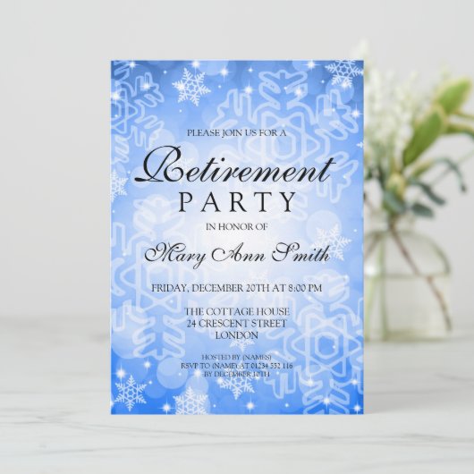 Elegant retirement Party Blue Winter Bokeh lampjes Kaart (Staand voorkant)