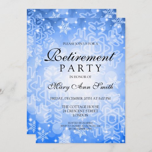 Elegant retirement Party Blue Winter Bokeh lampjes Kaart (Voorkant / Achterkant)