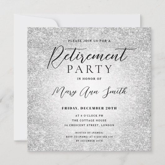 Elegant Retirement Party Glam Silver Glitter (Voorkant)