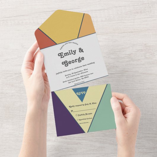 Elegant Retro Art Deco Stylish Chic Modern Wedding All In One Uitnodiging (Afscheurbaar)