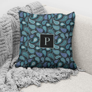 Elegant Retro Blauw Paisley Patroon Met Monogram Kussen