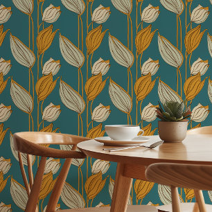 Elegant Retro Bloemenbehang in Blauwgroen en Moste Behang