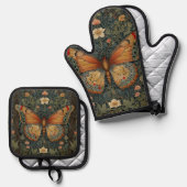 Elegant retro boho butterfly botanical greenery ovenwant & pannenlap set (Voorkant / Achterkant)