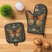 Elegant retro boho butterfly botanical greenery ovenwant & pannenlap set (Top down)