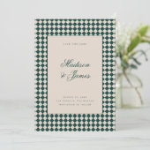 Elegant Retro Checkered Green Beige Wedding Save The Date (Staand voorkant)