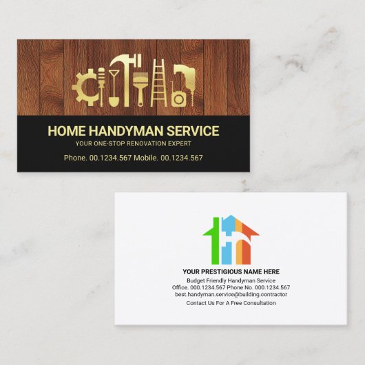 Elegant Retro Gold Handyman Tools Motif Carpenter Visitekaartje (Voorkant / Achterkant)