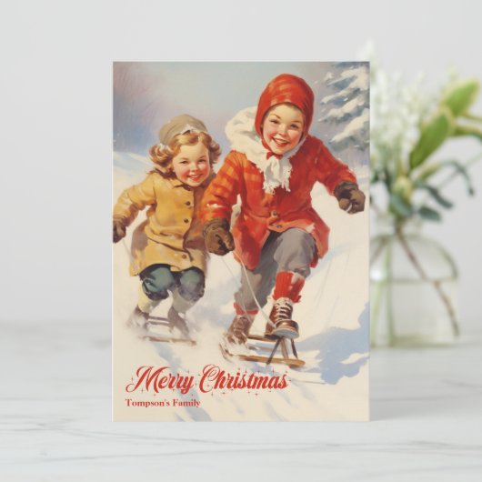 Elegant retro klassiek kinder met slee feestdagenkaart (Staand voorkant)