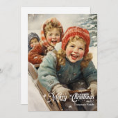 Elegant retro klassiek kinder met slee feestdagenkaart (Voorkant / Achterkant)