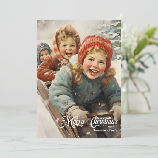Elegant retro klassiek kinder met slee feestdagenkaart (Staand voorkant)