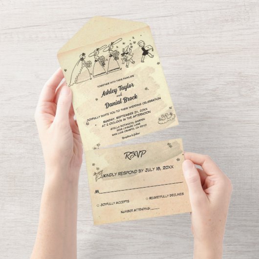Elegant  Retro Old Rustic Stylish Wedding All In One Uitnodiging (Afscheurbaar)