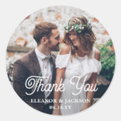 Elegant Retro Script & Foto Bruiloft Dank u Ronde Sticker (Voorkant)