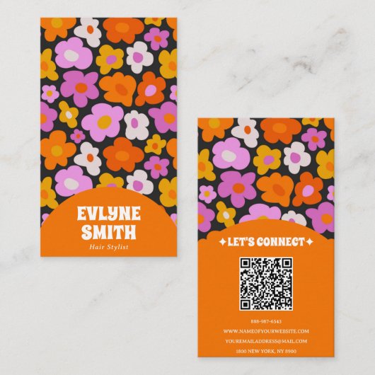 Elegant Retro Sinaasappel QR Code Boho Groovy Flor Visitekaartje (Voorkant / Achterkant)