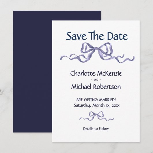 Elegant Ribbon & Bow Romantic Wedding Navy & White Save The Date (Voorkant / Achterkant)