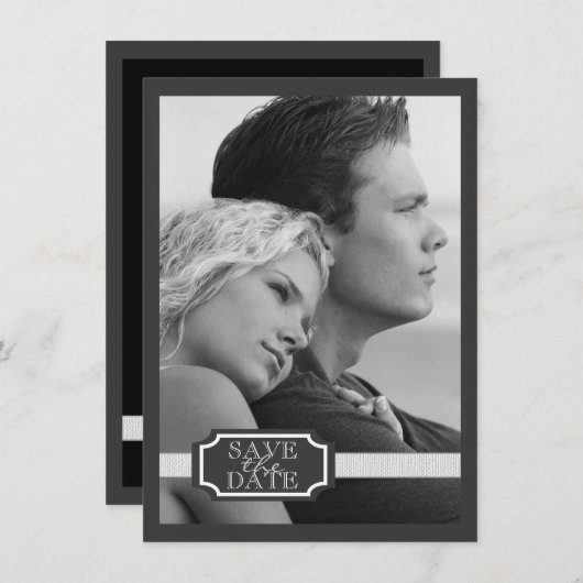 Elegant Ribbon Effect Black & White Save the Date (Voorkant / Achterkant)