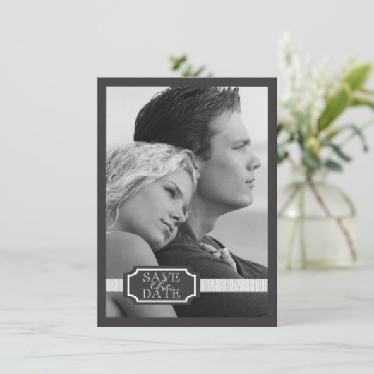 Elegant Ribbon Effect Black & White Save the Date (Staand voorkant)
