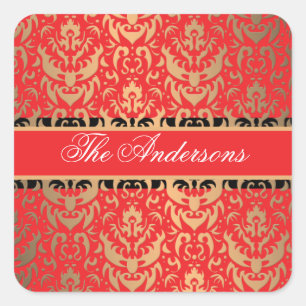 Elegant Rich Red Damask Glinsterende Glamour Vierkante Sticker
