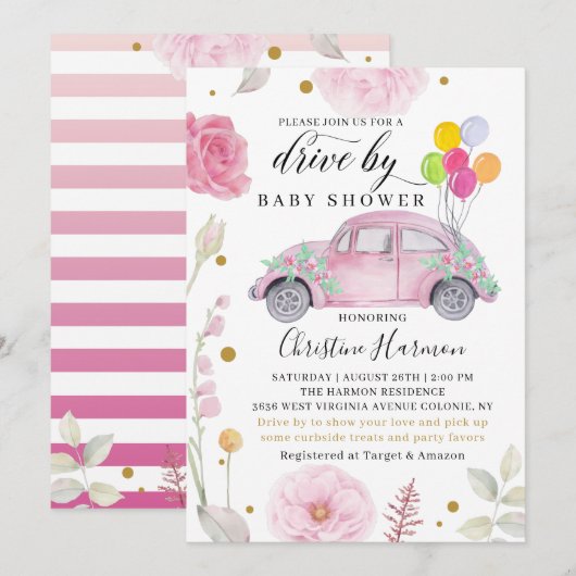Elegant rijtuig door Baby shower Parade Pink Flora Kaart (Voorkant / Achterkant)