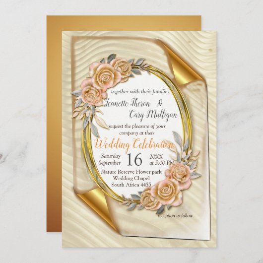 Elegant Ripple Cream & Gold Invitation Kaart (Voorkant / Achterkant)