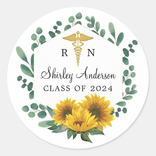 Elegant RN Zonnebloemzurse Afstuderen Ronde Sticker (Voorkant)