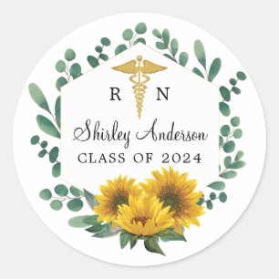 Elegant RN Zonnebloemzurse Afstuderen Ronde Sticker