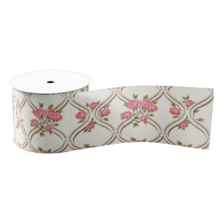 Elegant Rococo Revival Pink Floral & Beige Lattice Grosgrain Lint
