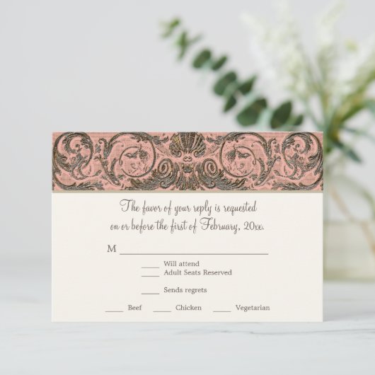Elegant  Rococo Shell w Blush n Gold RSVP (Staand voorkant)