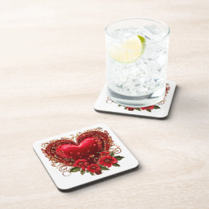 Elegant Rode Hart met Bloemen Bier Onderzetter