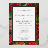 Elegant rode roos op groene klassieke bruiloft folie uitnodiging (Voorkant)