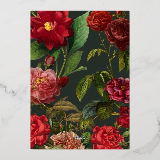 Elegant rode roos op groene klassieke bruiloft folie uitnodiging (Achterkant)