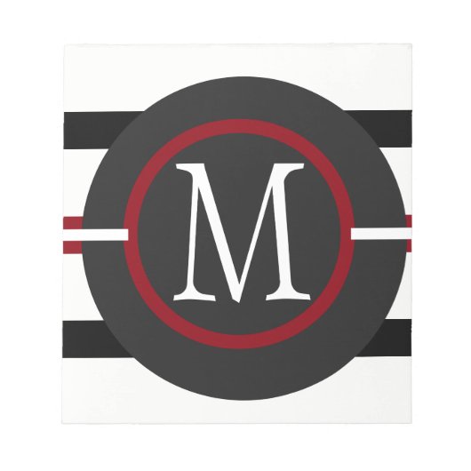 Elegant rode, witte en zwarte lijnen met monogram notitieblok (Voorkant)